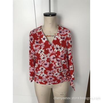 Floral cross collar tie top with long sleeves